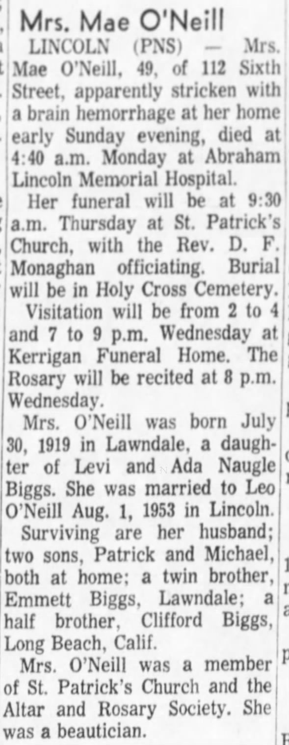 Violet (Biggs) O'Neill Obituary.